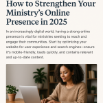 Christian ministry leader working on a laptop while updating her church website, surrounded by warm natural lighting and simple decor.