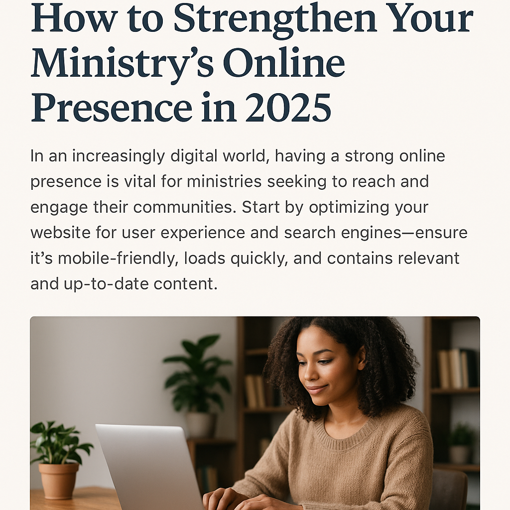 Christian ministry leader working on a laptop while updating her church website, surrounded by warm natural lighting and simple decor.
