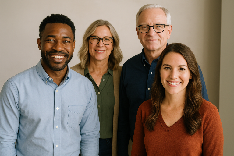 Church staff members posing for professional portraits to use on a ministry website.