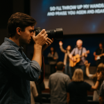AI generated image of a member of a church photography team capturing images.